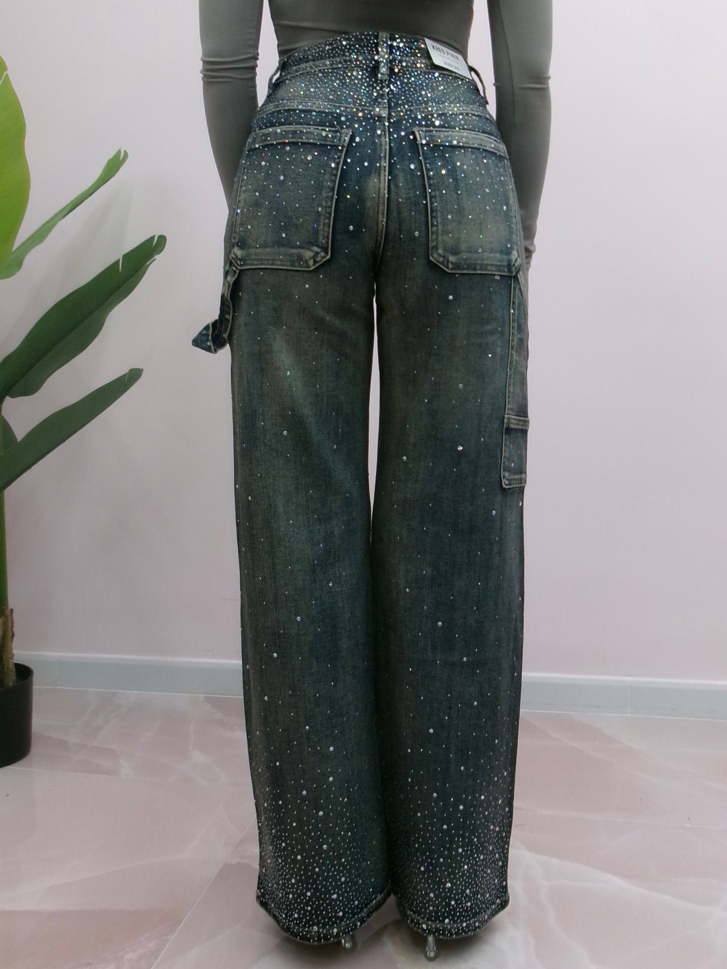 DENIM CASCATA DI STRASS SABBIA