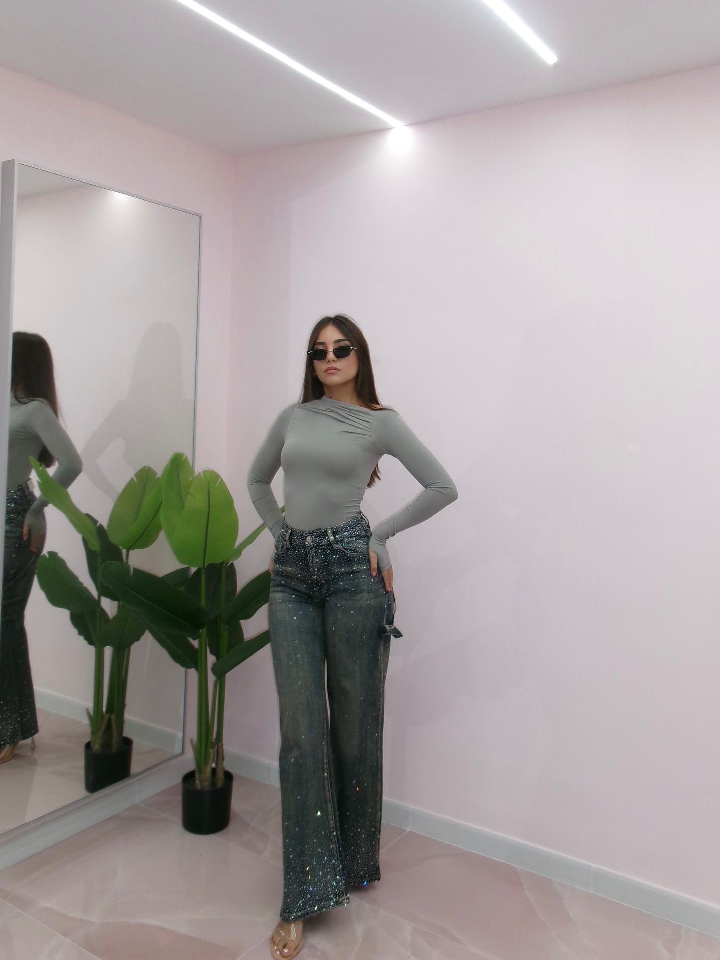 DENIM CASCATA DI STRASS SABBIA