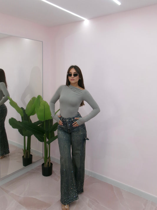 DENIM CASCATA DI STRASS SABBIA